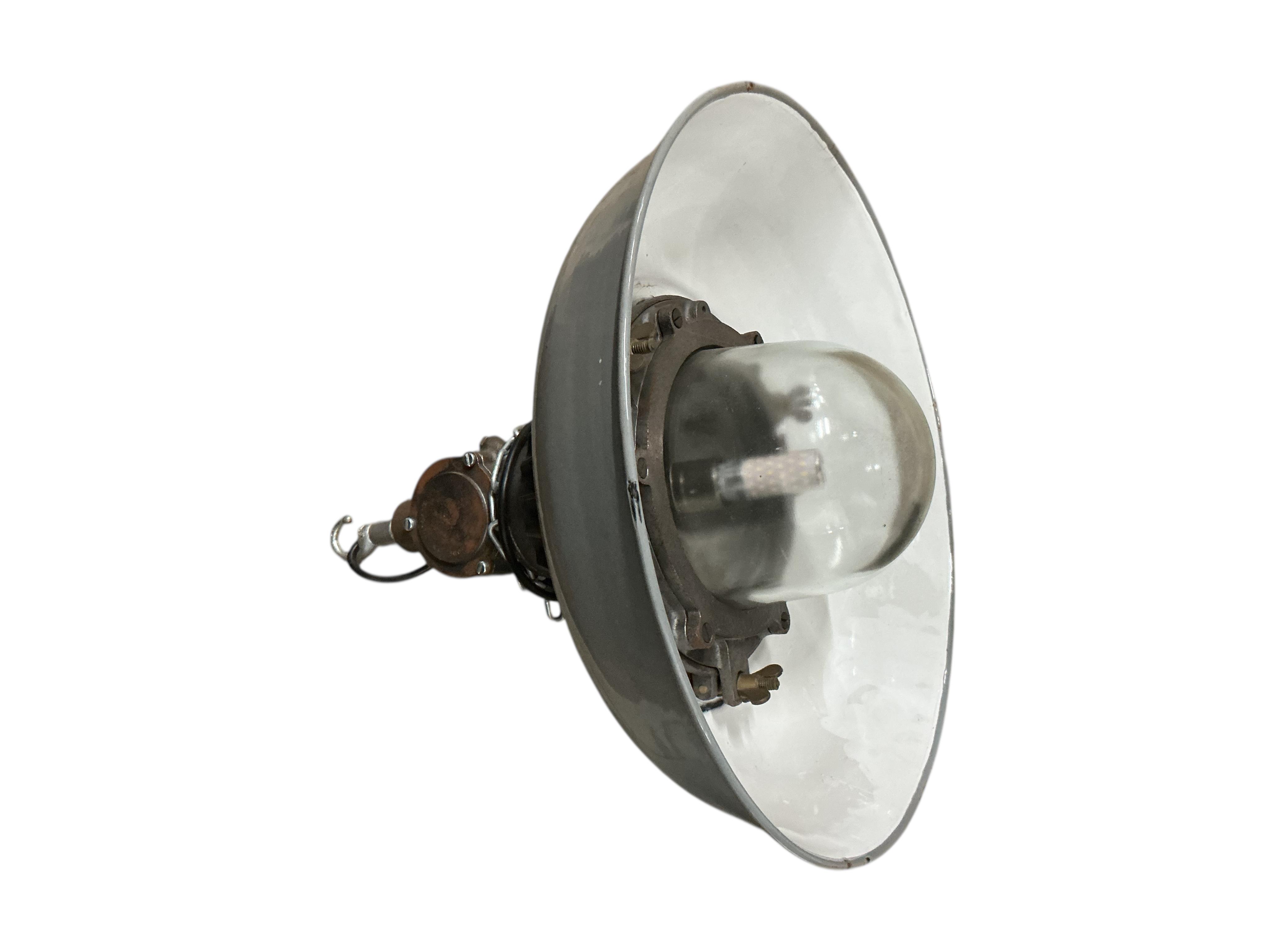 A pair of GEC grey enamel pendant ceiling lights, diameter 45cm, height 46cm